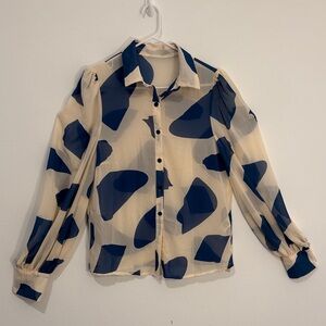 SHEIN Sheer Long sleeve button up Blouse color cream with blue shapes size L